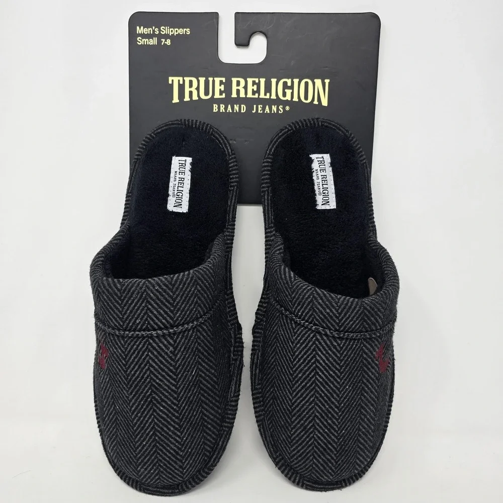 True Religion Slippers Mens Size 7-8 Small Gray Herringbone‎ Slip On Fleece